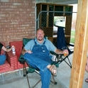 USA ID Boise 7011WestAshland 2002AUG03 Party FitzysPool 016  Bekah, Farside in his best farmers garb and Struth. : 2002, 7011 West Ashland, Americas, August, Boise, Date, Events, Fitzy's Pool Party, Idaho, Month, North America, Parties, Places, USA, Year