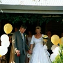 AUST NT AliceSprings 2002OCT19 Wedding SYMONS Ceremony 025  Mr & Mrs Symons are off into the sunset.  Like any true Territorian, Gav only took the essentials. The bride AND the beer. : 2002, Alice Springs, Australia, Date, Events, Month, NT, October, Places, Symons - Gavin & Cindy, Wedding, Year