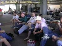USA ID Boise 2003APR11 Lions Airport 001  Ox, Gump, Arnie, Kush, Jayrod, Barbie &amp; Momo chilling at the airport on thier way to Spokane for the Foolsfest tournament. : 2003, 43rd State Crimson Lions, Airport, Americas, April, Boise, Idaho, North America, Rugby Union, USA