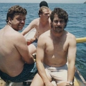 IDN Bali 1990OCT03 WRLFC WGT 014  Philthy, Bulldog, Fluxy & Manu preparing to snorkel. : 1990, 1990 World Grog Tour, Asia, Bali, Indonesia, October, Rugby League, Wests Rugby League Football Club