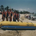 IDN Bali 1990OCT05 WRLFC WGT 007  Powelly, Reet Petite, Fluxy, Roy the Boy & Dowlo decide to take on the big banana. : 1990, 1990 World Grog Tour, Asia, Bali, Indonesia, October, Rugby League, Wests Rugby League Football Club